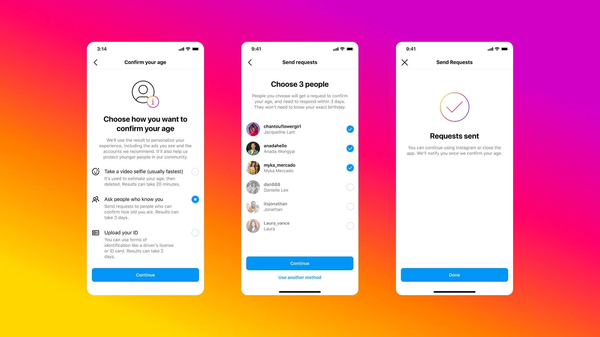 Rather than a video selfie, users can nominate friends to vouch for them and their age (Instagram)