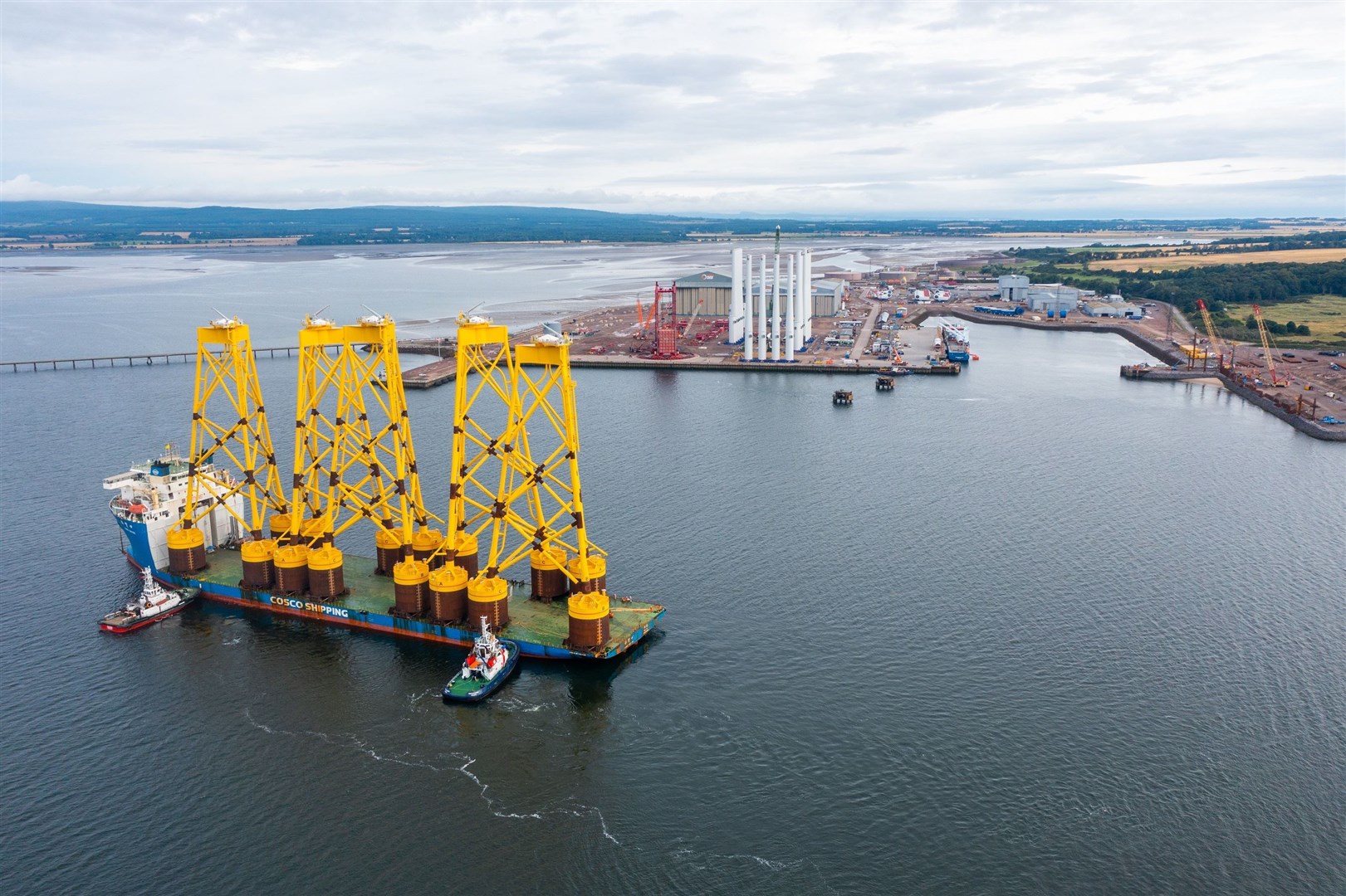 The delivery of Scotland’s largest offshore wind farm, the 1.1GW Seagreen, has taken another major step forward with the delivery of the first jacket superstructures to Port of Nigg in the Cromarty Firth. Picture credit: Seagreen Offshore Wind Farm
