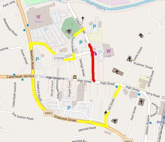 A section of Tulloch Street (marked in red) will be closed for resurfacing work. A diversion will be in place via the streets coloured yellow.