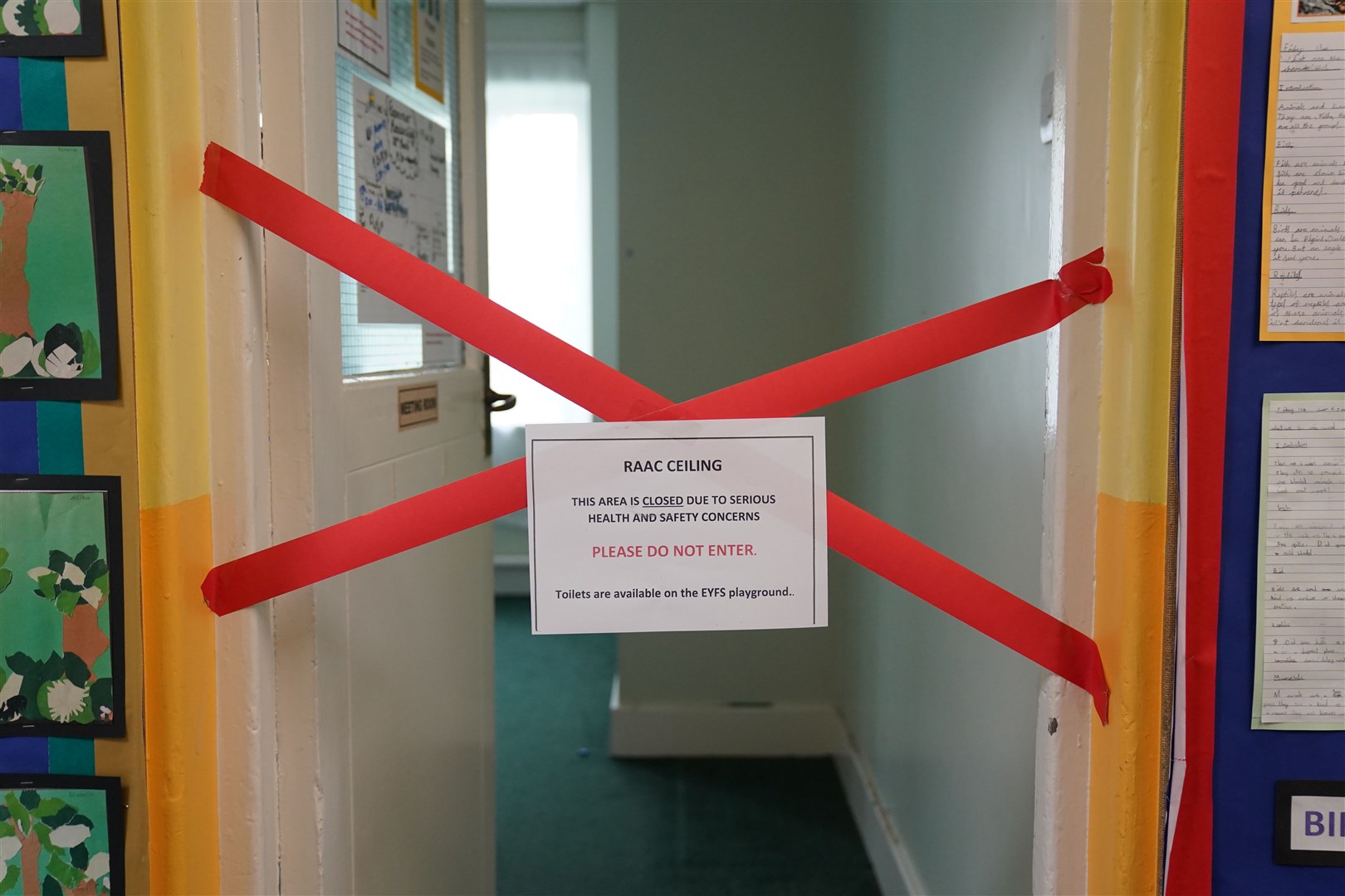 A taped off section inside Parks Primary School in Leicester which has been affected with sub standard reinforced autoclaved aerated concrete (Raac) (PA)
