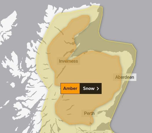 An amber warning comes into force at 12.01am on Friday and will stay in place until midday on Saturday. Picture: Met Office.
