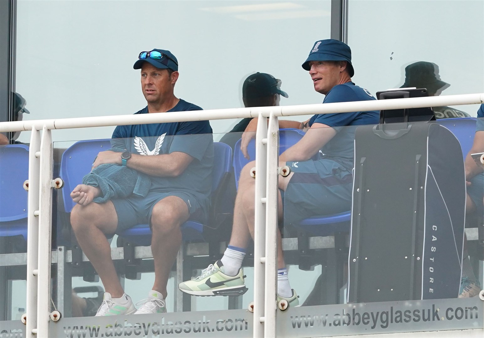 England batting coach Marcus Trescothick (left) and Flintoff in the stands during the first one-day international match (Joe Giddens/PA)