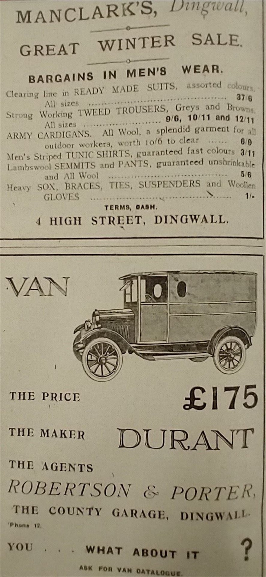 A van advert in the Ross-shire Journal from a century ago. Picture: Hector Mackenzie