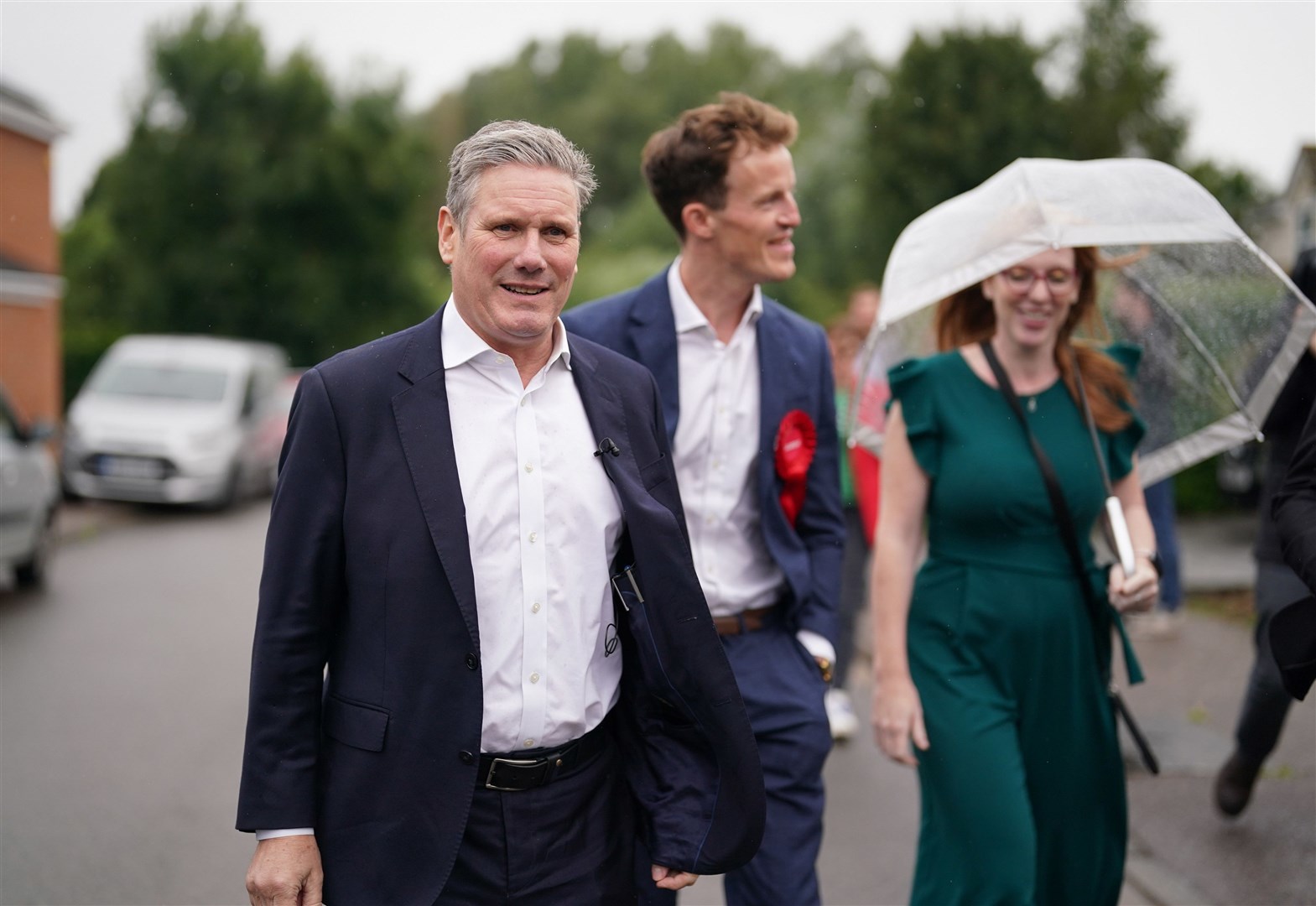 Labour leader Sir Keir Starmer and deputy Labour Party leader Angela Rayner with Labour candidate Alistair Strathern during a visit to Shefford in the constituency of Mid Bedfordshire (Jacob King/PA)