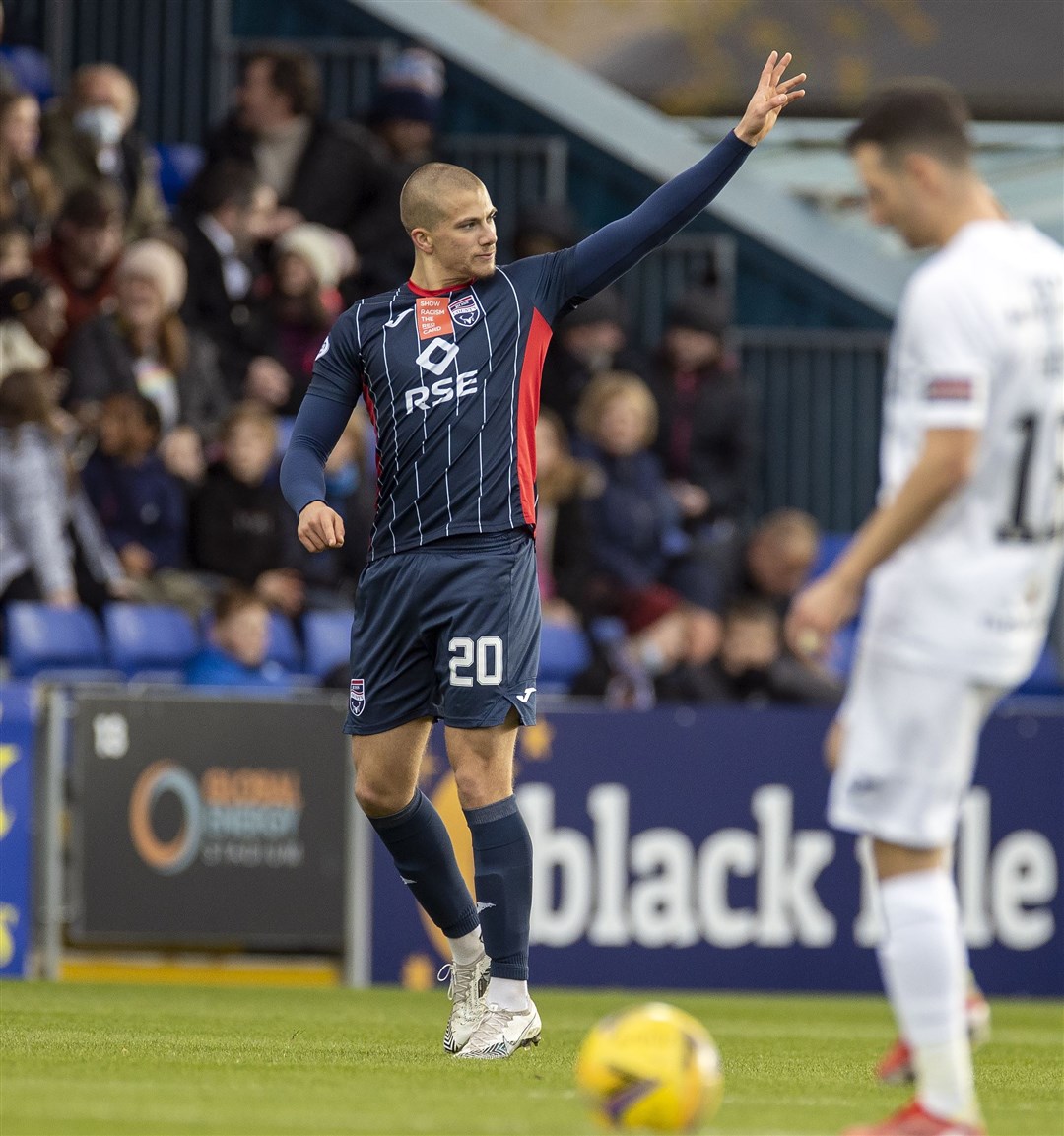 Picture - Ken Macpherson, Inverness. Ross County(2) v Livingston(3). 23.10.21. Ross County's Harry Clarke celebrates his goal.