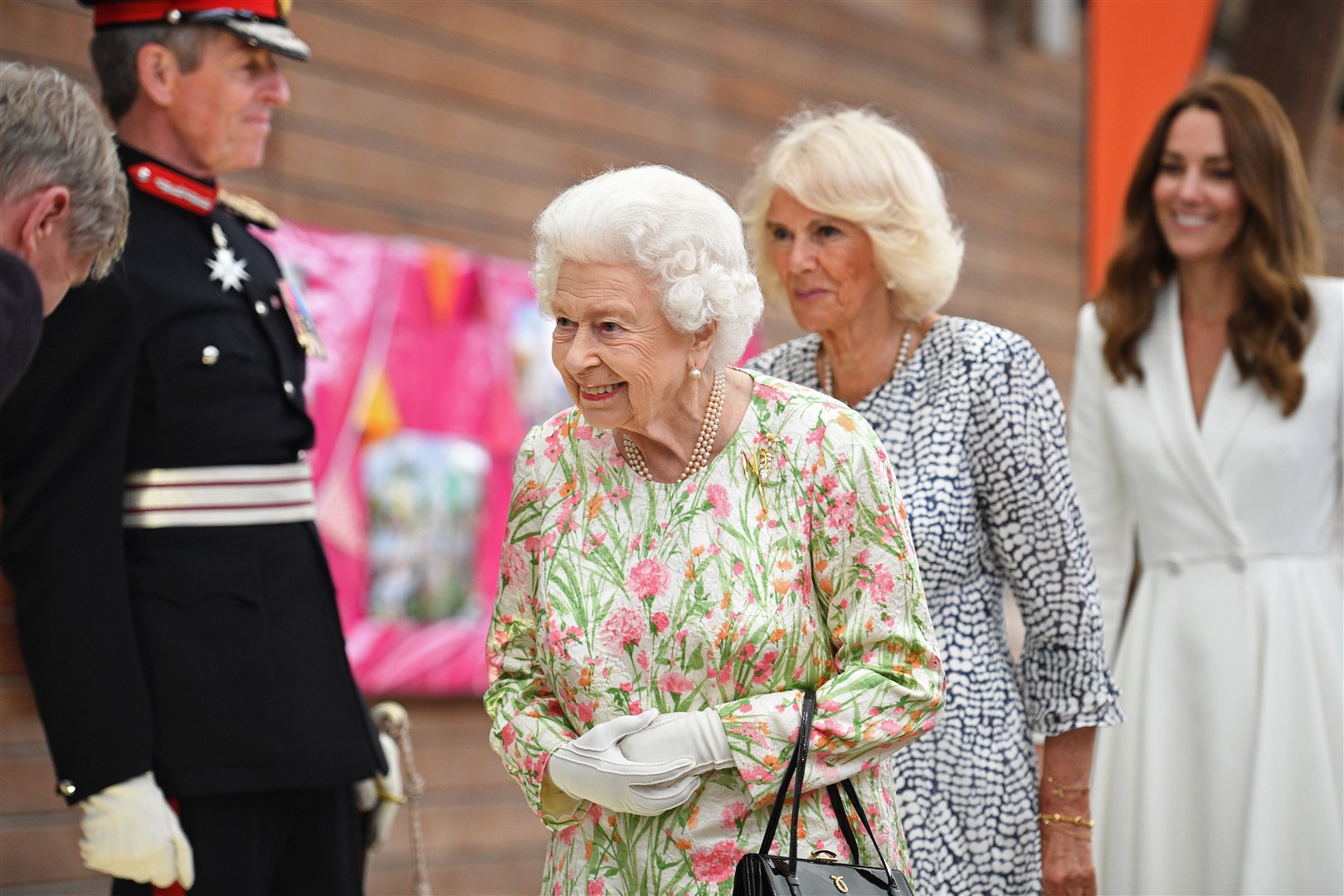 The Queen, the Duchess of Cornwall and the Duchess of Cambridge attend an event at the Eden Project in celebration of The Big Lunch initiative during the G7 summit in Cornwall (Oli Scarff/PA)