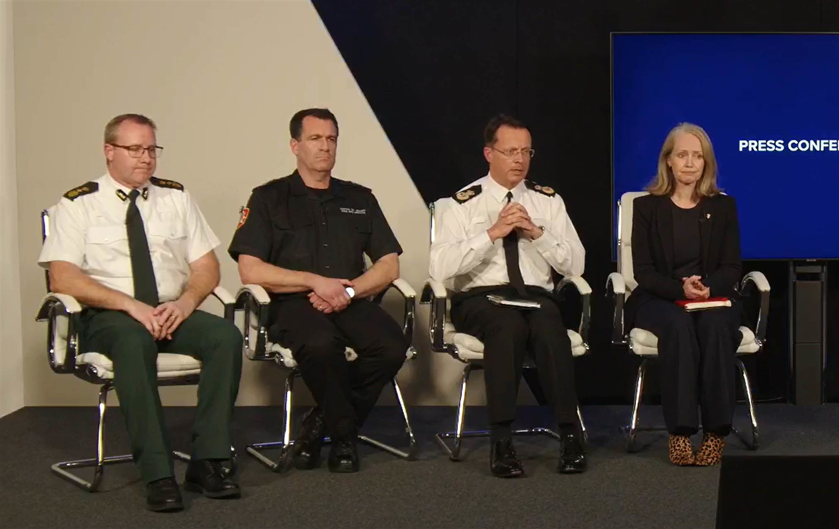 (left to right) chief ambulance officer Peter Gavey, chief fire officer Paul Brown, States of Jersey Police chief officer Robin Smith and Chief minister of Jersey, Kristina Moore (Government of Jersey/Facebook)