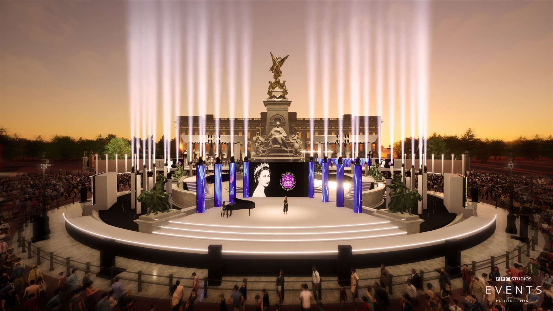 An artist’s impression of the stages outside Buckingham Palace for the Platinum Party at the Palace (BBC/PA)