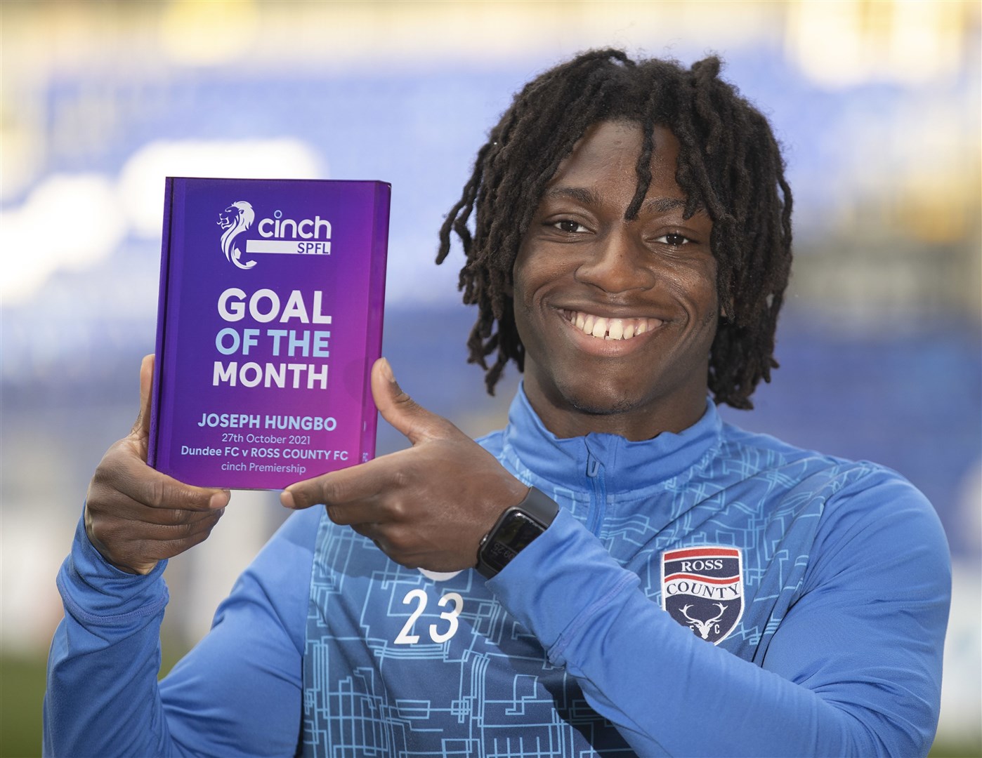 Ross County's Joseph Hungbo pictured with his SPFL Goal of the Month award for October. Picture: Ken Macpherson