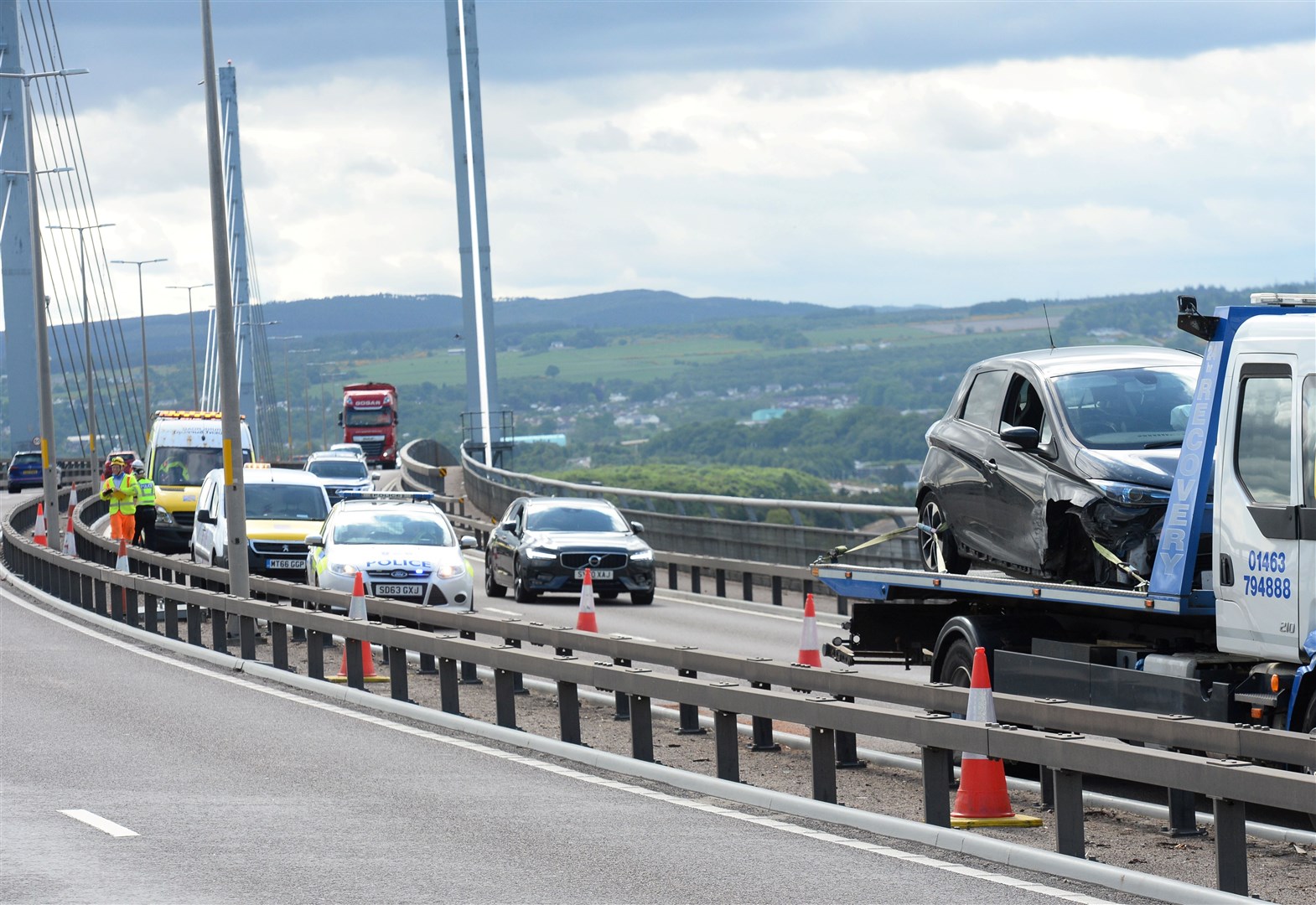A vehicle was recovered following an accident on the Kessock bridge earlier today. Picture HNM
