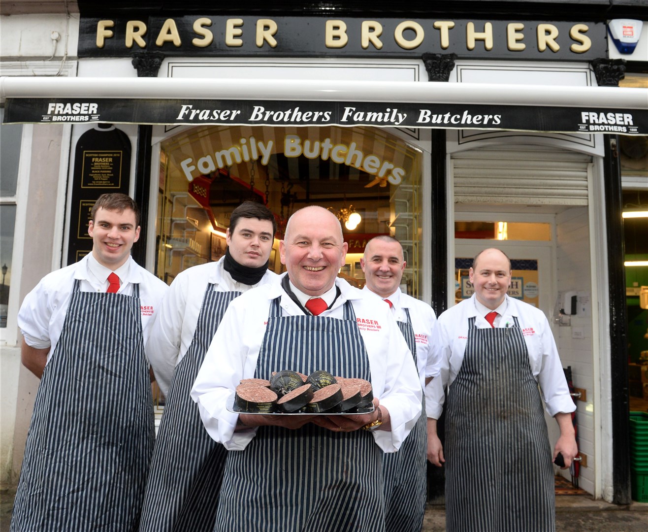 Black Pudding regional championship winner. Murray Mackay(centre) with Ally Munro, Logan McGill, Andrew Mitchell and Graham Mowatt of Frasers Brothers Butchers Dingwall.Picture Gary Anthony.