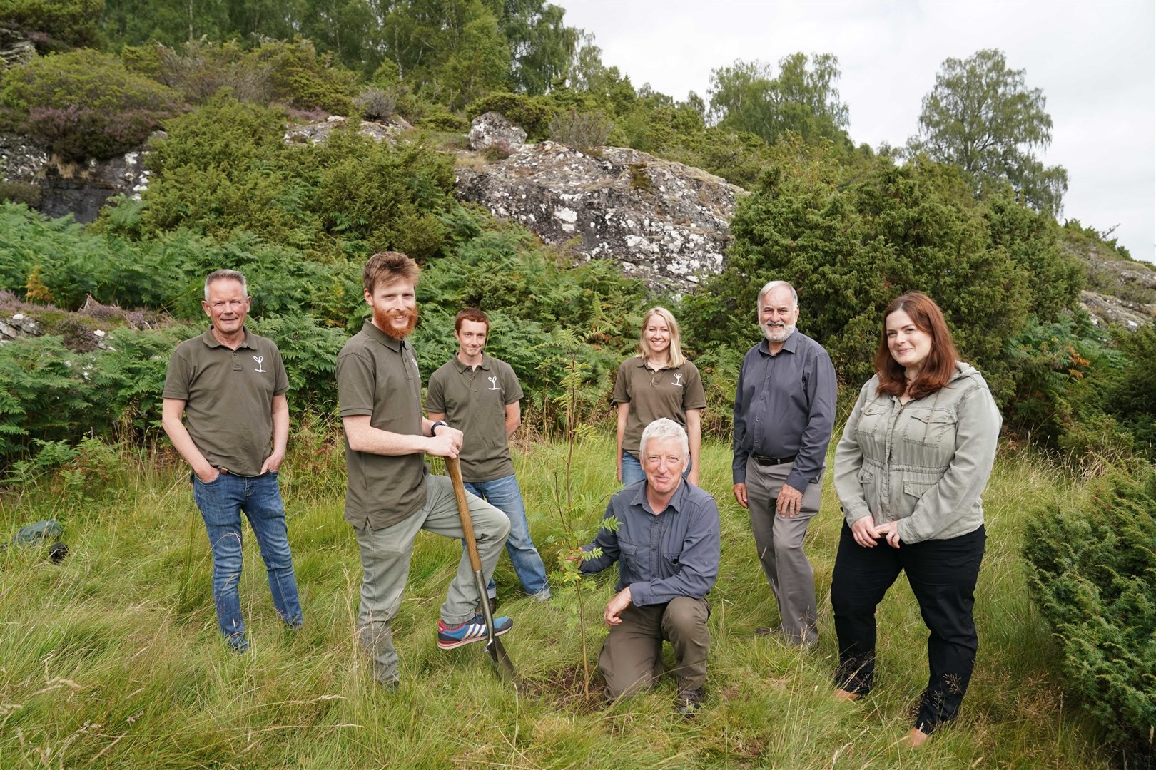 Official breaking of ground to mark the beginning of the construction of the world’s first rewilding centre at Trees for Life’s 10,000-acre Dundreggan estate near Loch Ness. Dundreggan breaking ground(left to right): Trees For Life CEO Steven Micklewright, Trees for Life trainees Angus Crawley and Grymmsy Robinson planting the Rowan tree, Kat Murphy, rewilding centre education manager, Doug Gilbert the Dundreggan operations manager, Roddy Maclean, Laurelin Cummins-Fraser, director of the Dundreggan Rewilding Centre. Pictures: James MacKenzie