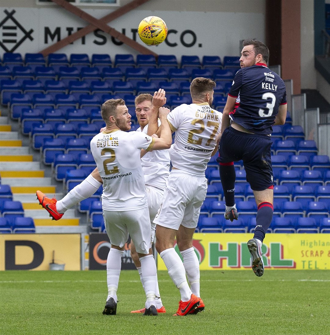 Sean Kelly rises to win a header for Ross County last time the Staggies faced Livingston in August. Picture: Ken Macpherson