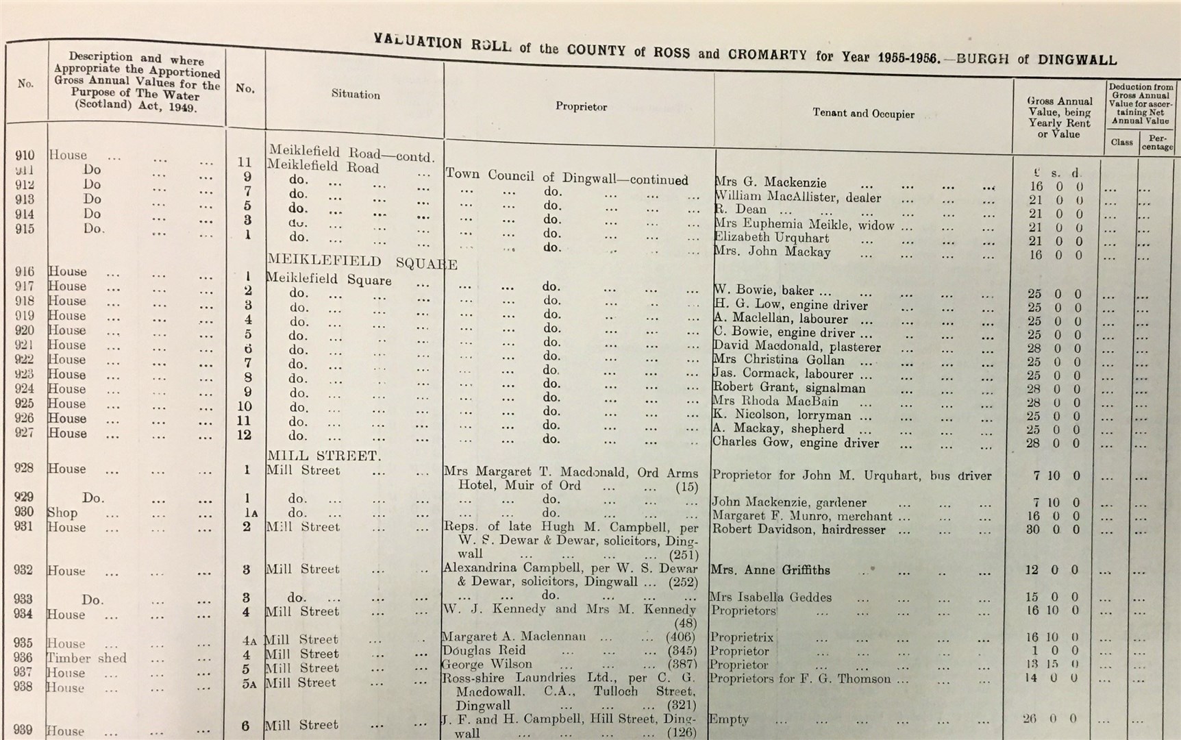 Valuation Roll showing the Burgh of Dingwall, 1955-1956
