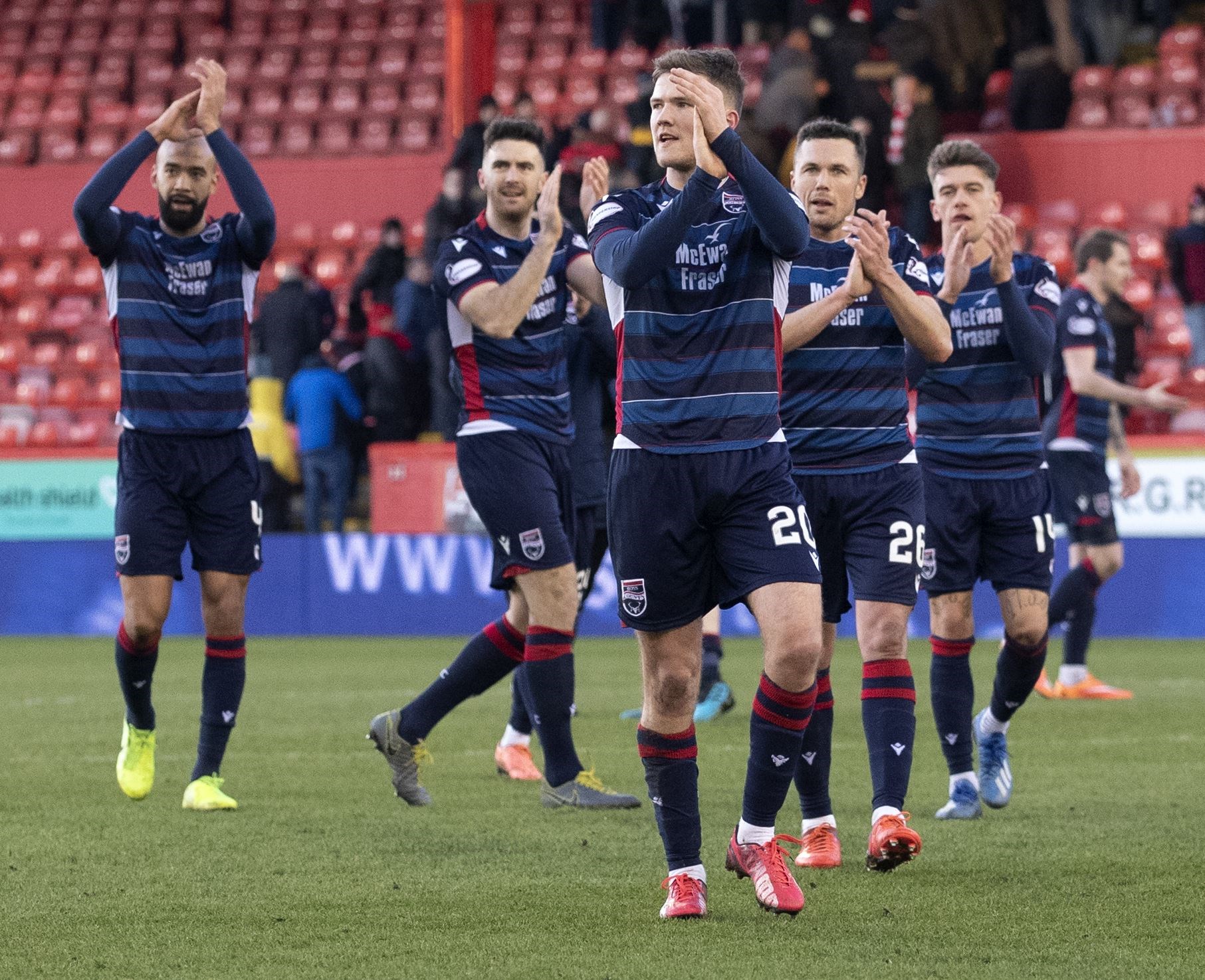 Picture - Ken Macpherson, Inverness. Aberdeen(1) v Ross County(2). 22.02.20. The Ross County players celebrate to their fans at the end.