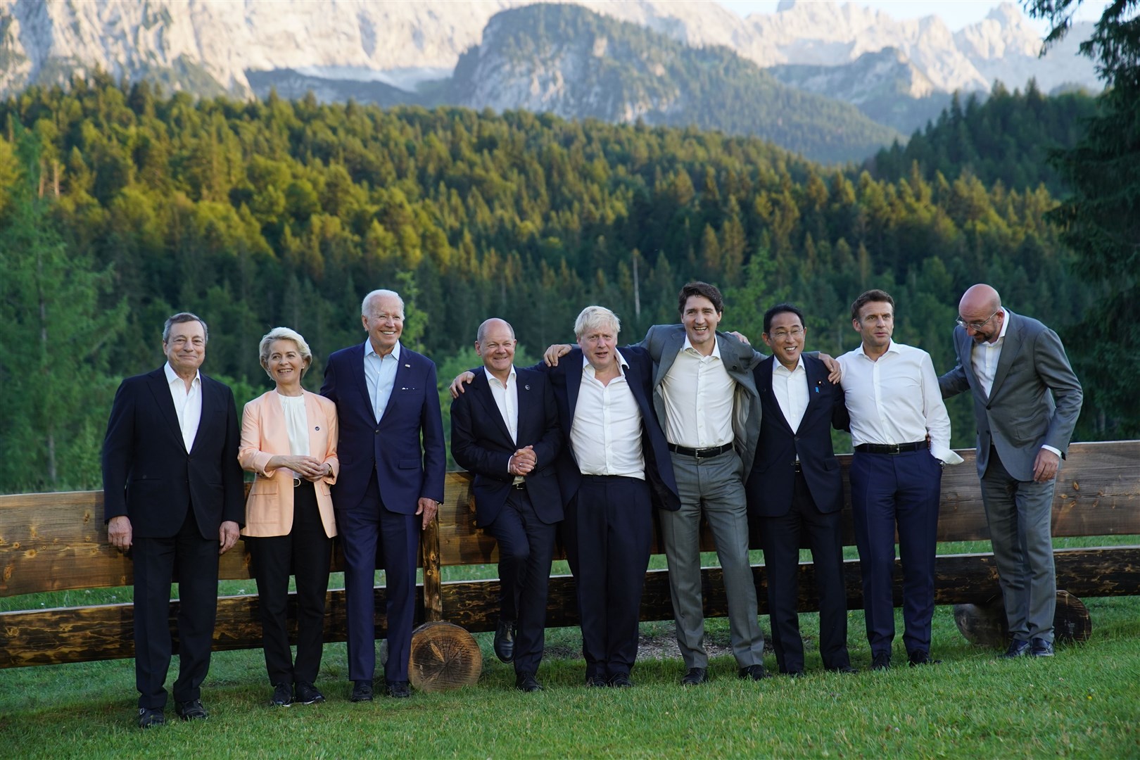 G7 leaders pose for an informal family photo following their working session dinner during the G7 summit in Schloss Elmau, in the Bavarian Alps, Germany (Stefan Rousseau/PA)