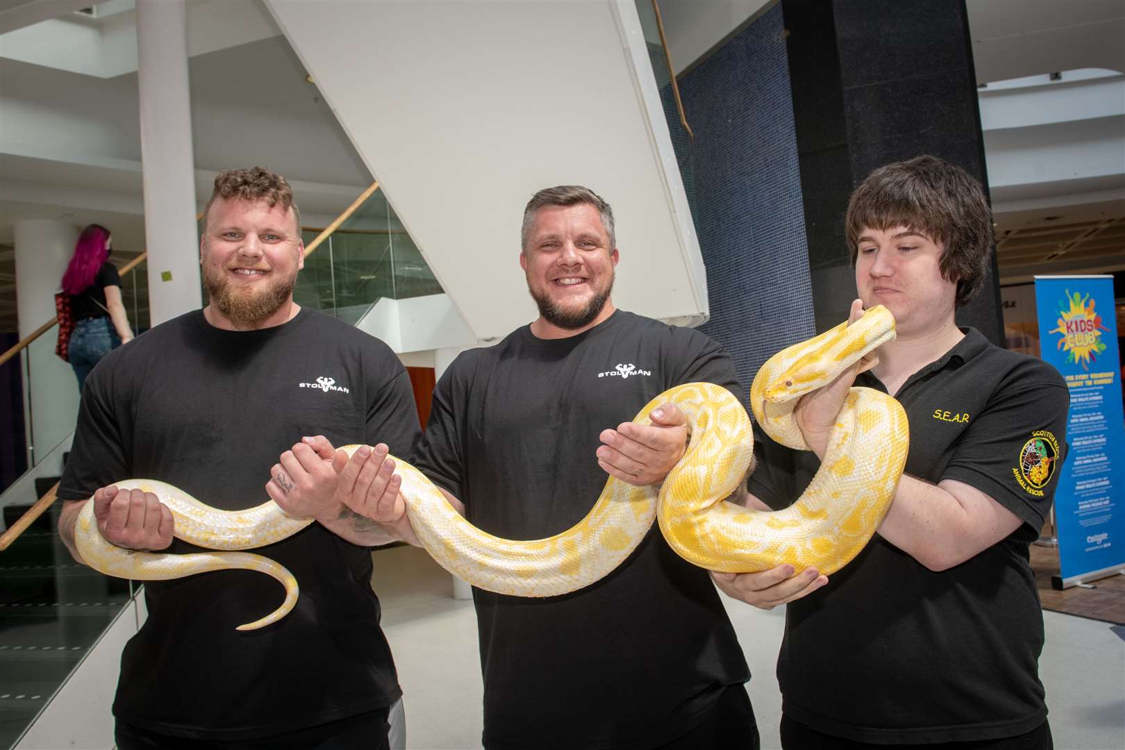 World's Strongest Man and Europe's Strongest Man Tom Stoltman and Luke Stoltman with Scottish Exotic Animal Rescue Officer Chris Evans.  Photo: Callum Mackay.