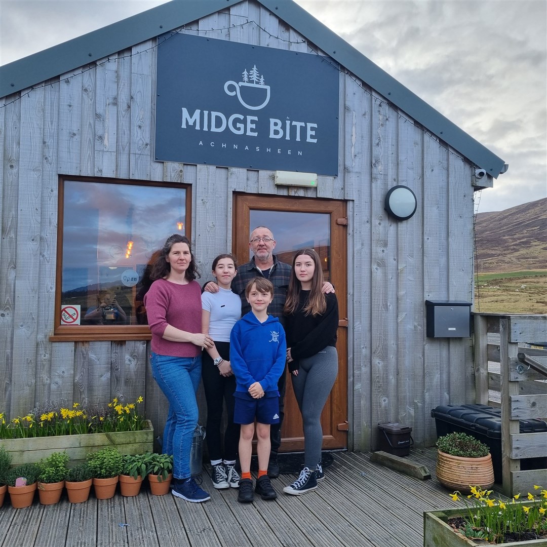 Hazel Boswell with husband Sean and children Felix (9), Charlotte (12) and Lola (14) at The Midge Bite in Achnasheen which they have built up into a successful business which is now up for sale.