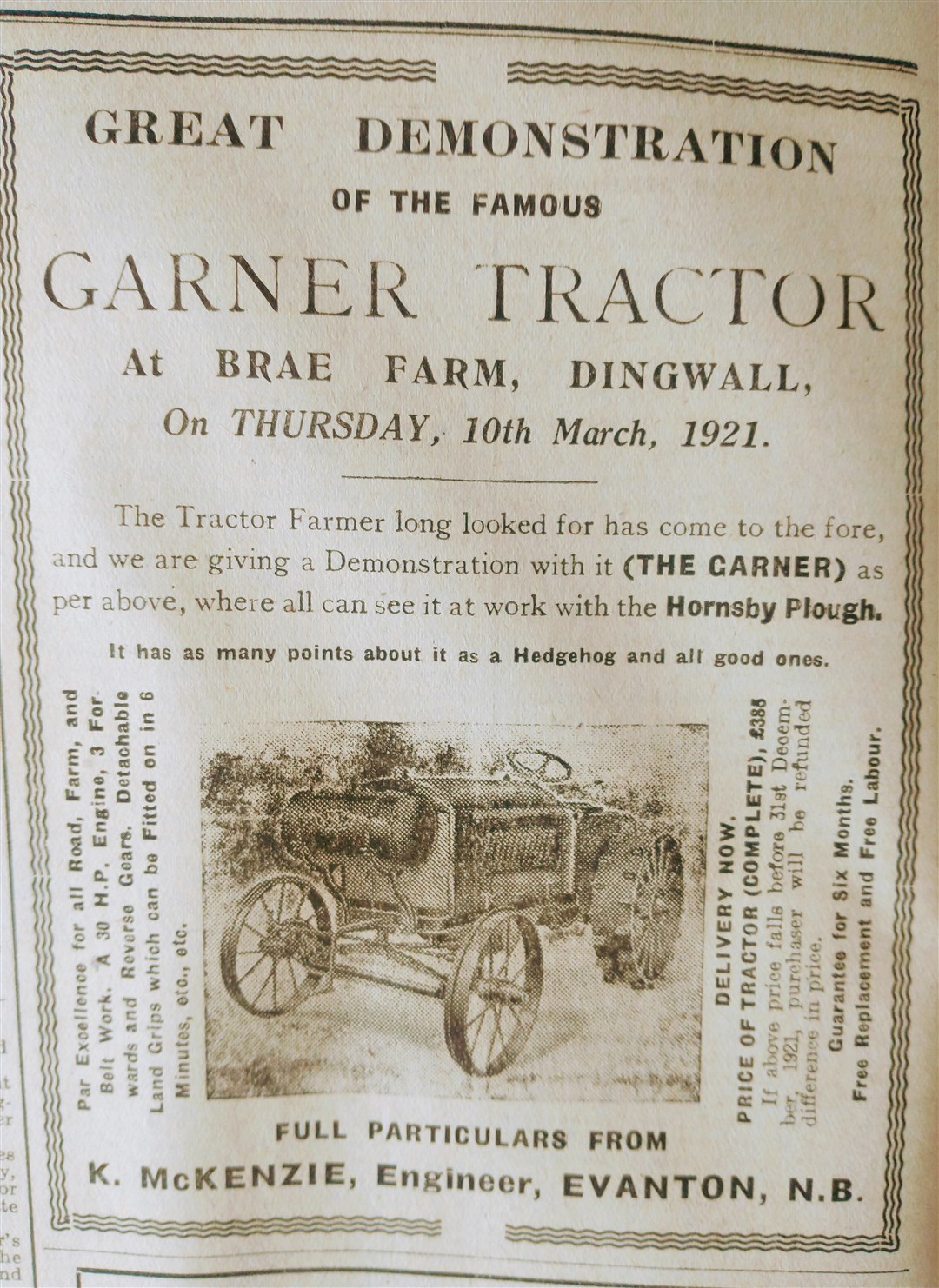 An advert for a tractor demonstration in Ross-shire 100 years ago.