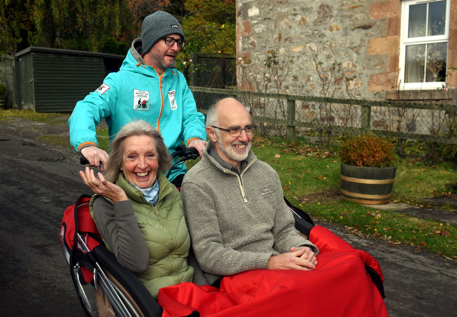Ray Burr, Cycling Without Age Pilot, cycling, Jean Gibb and John McHardie in the trishaw. Picture: James Mackenzie.
