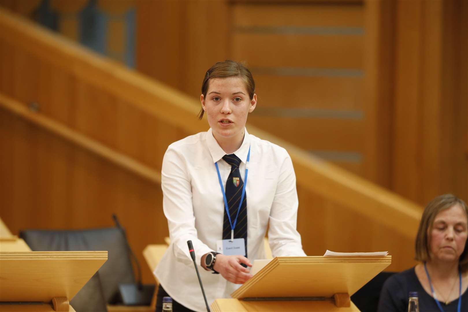 Aimee Ross, Fortrose Academy pictured during the Donald Dewar Memorial Debate final which took place in the Debating Chamber of the Scottish Parliament, Edinburgh. Teams from Fortrose Academy, Hutchesons Grammar School, High School of Glasgow and Dunfermline High School took part in the final where they debated to proposition "This House regrets the emergence of ‘cancel culture’". 09 June 2022. Pic - Andrew Cowan/Scottish Parliament