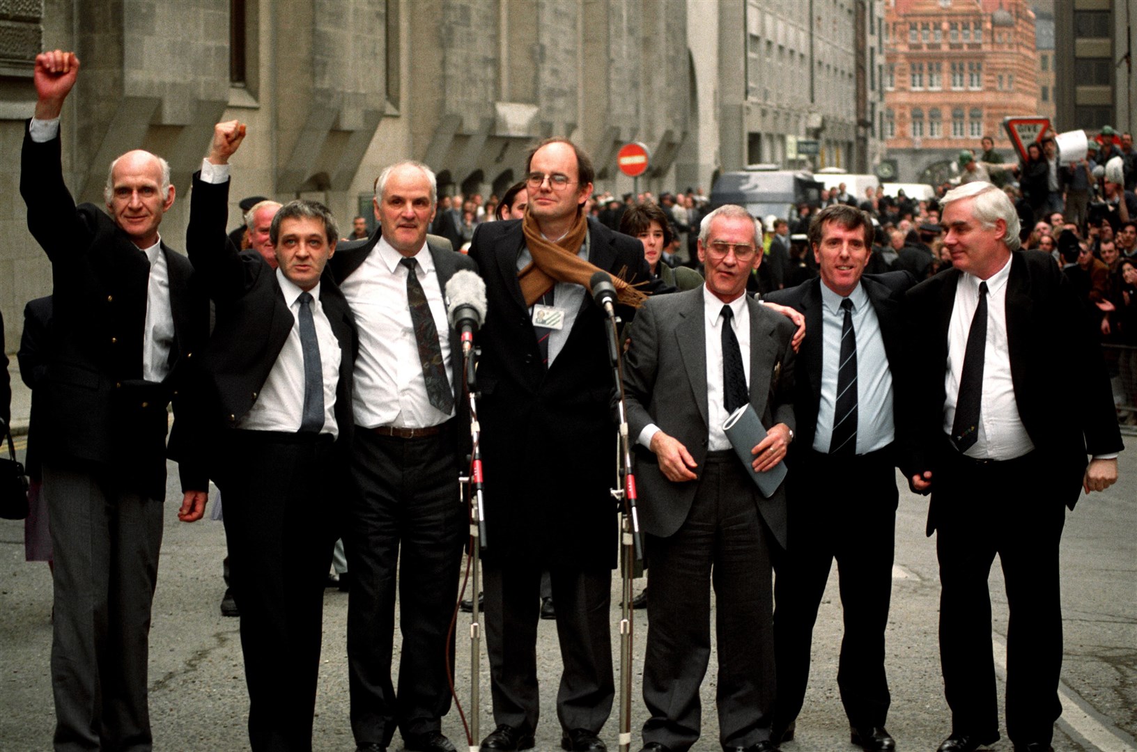 The Birmingham Six outside the Old Bailey after their convictions were quashed (Sean Dempsey/PA)