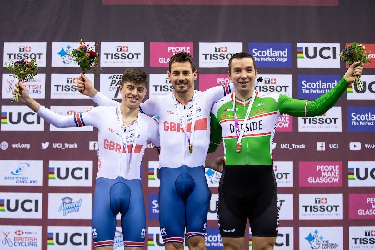 Fin Graham (left) with his silver medal at the Track World Cup in Glasgow.