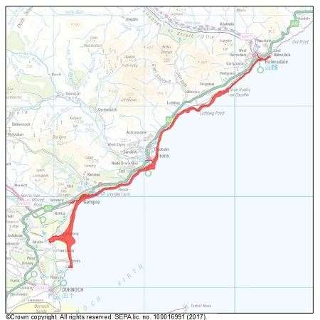 The areas coloured in red are at risk of coastal flooding, Sepa has warned. Picture: Sepa.