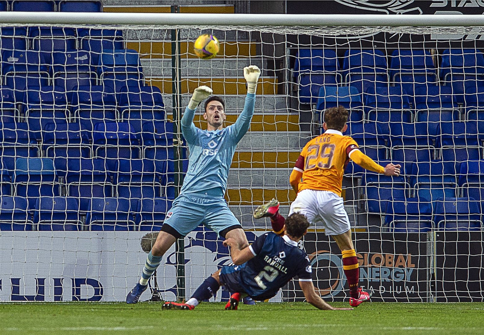 Picture - Ken Macpherson, Inverness. Ross County(1) v Motherwell(1). 03.08.20. Ross County 'keeper Ross Laidlaw makes a terrific point-blank save from Motherwell's Callum Lang.