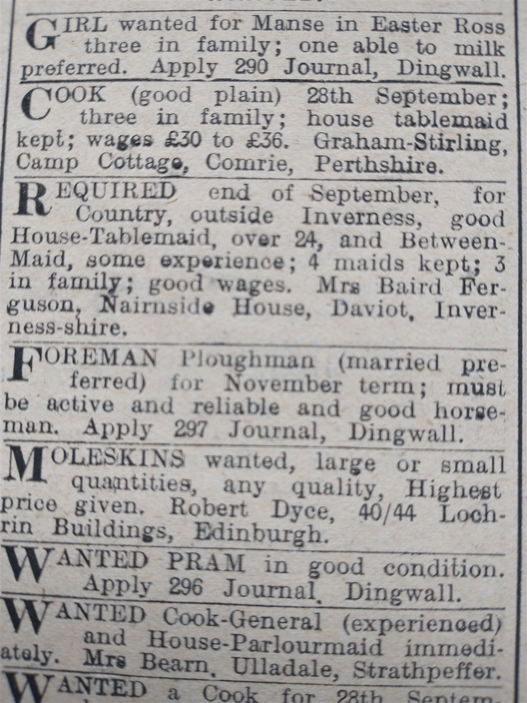 Some of the jobs in progress 100 years ago, as advertised on the front page of the Ross-shire Journal.