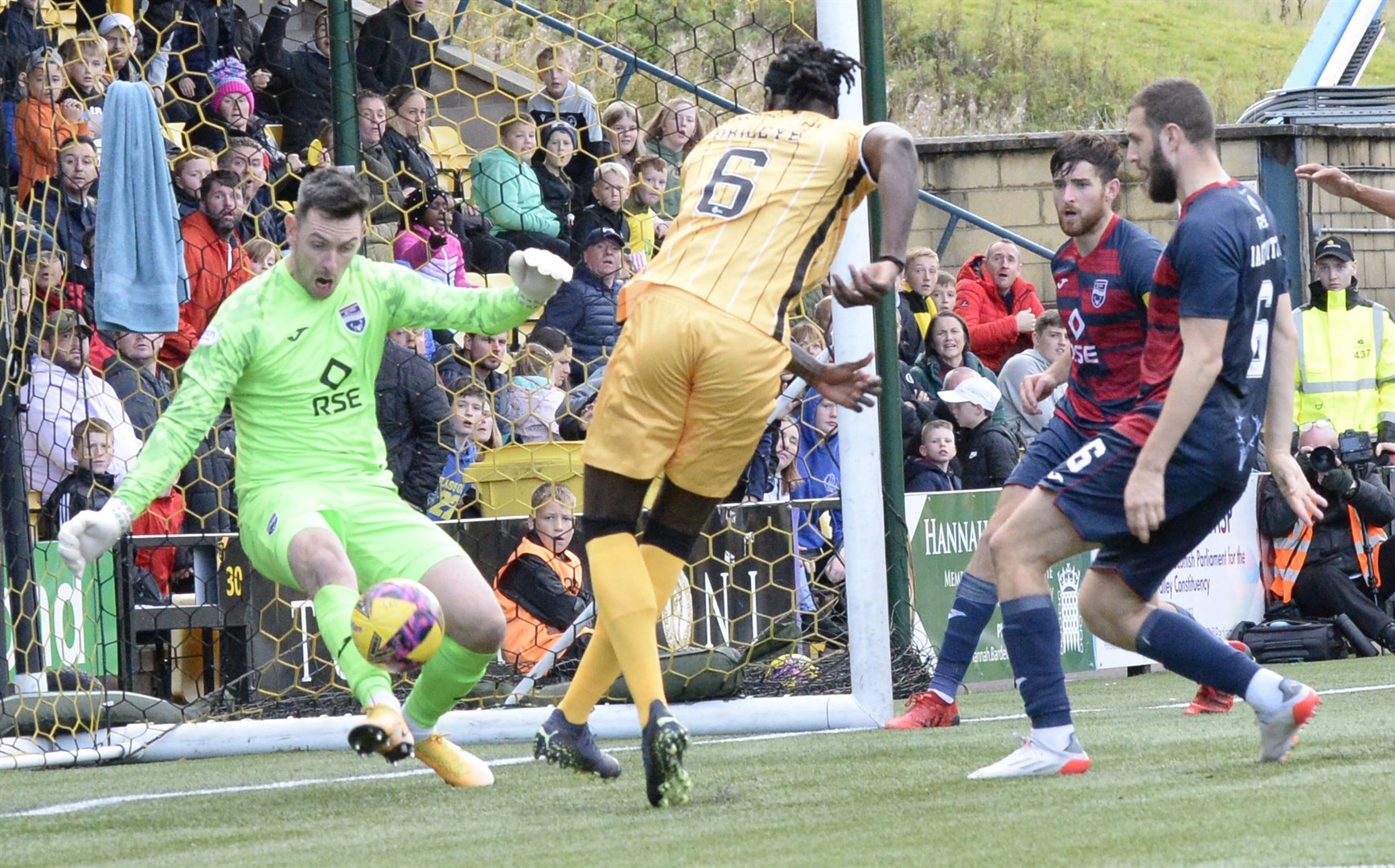 A super save from Ross County 'keeper Ross Laidlaw as he blocks a goal-bound shot from Livingston's Ayo Obileye. Picture: Callan Media
