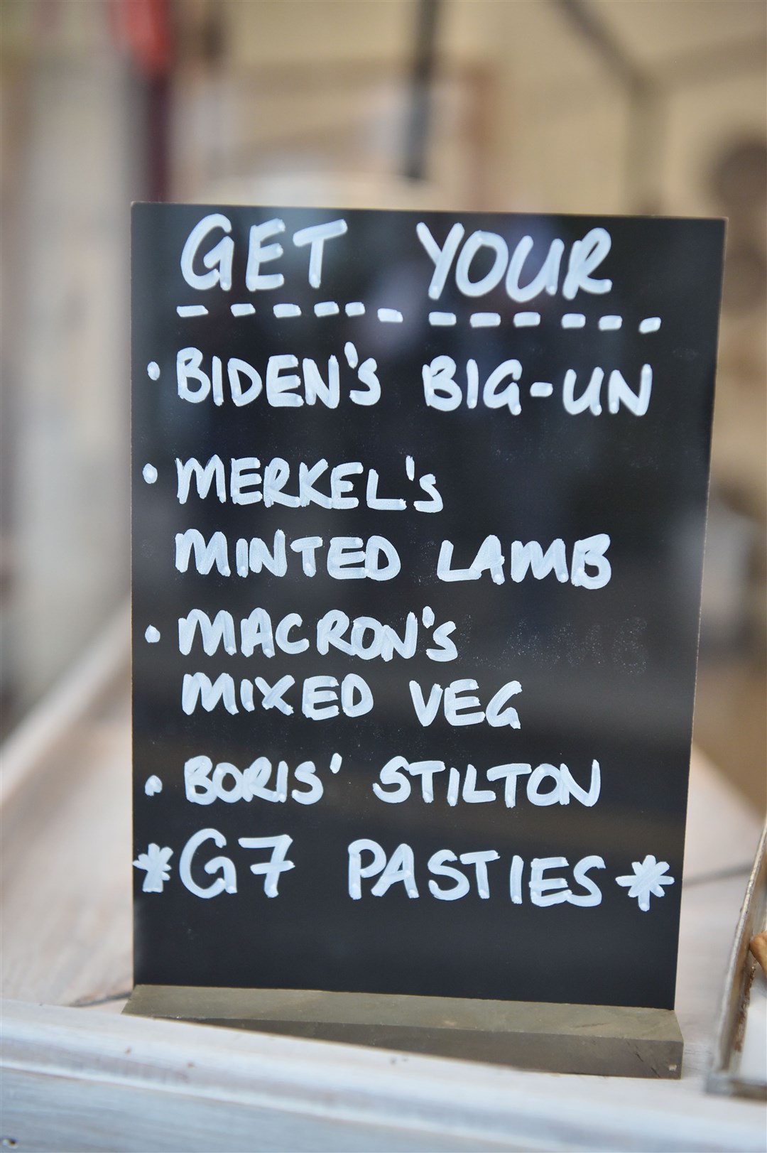 G7 Pasty Menu in the window of Pengenna Pasties in St Ives during the G7 summit in Cornwall (Ben Birchall/PA)