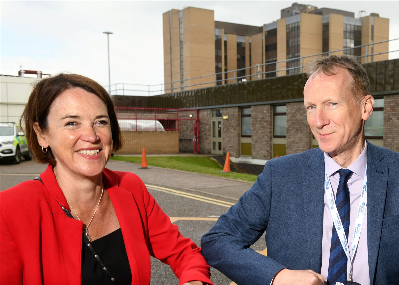 Caroline Lamb, chief executive of NHS Scotland, is welcomed to Raigmore Hospital by Dr Boyd Peters, NHS Highland medical director.