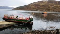 The Mallaig lifeboat monitors the situation after the Glenachulish ran aground on the slipway at Kylerhea. Picture: RNLI.