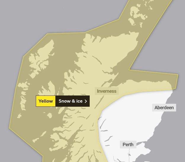 The latest Met Office warning for snow and ice covers much of the Highlands. Picture: Met Office.