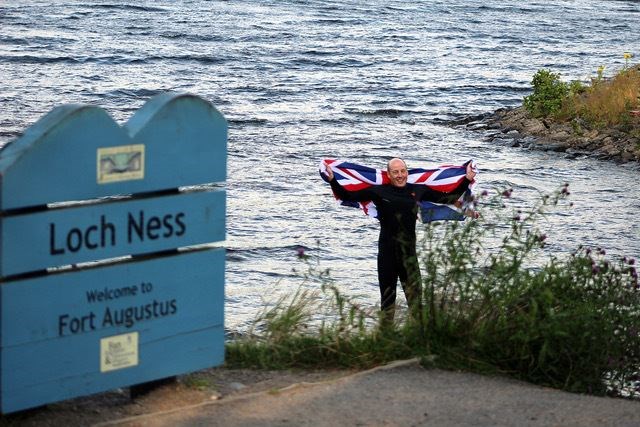 Record breaker James Fletcher as he reaches the end of his challenge on Loch Ness.