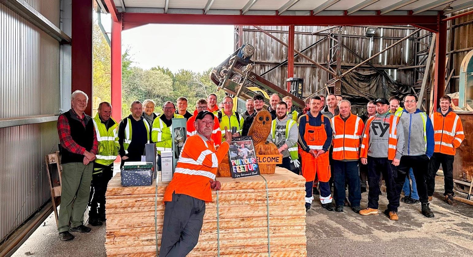 Rhoderick Hubbard surrounded by Dingwall Sawmills' workmates at his retiral.Picture: Dingwall Sawmills