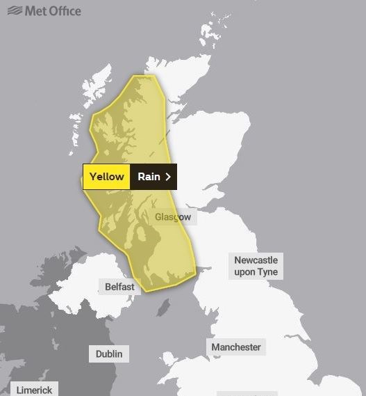The yellow warning comes into force at 6pm on Sunday.