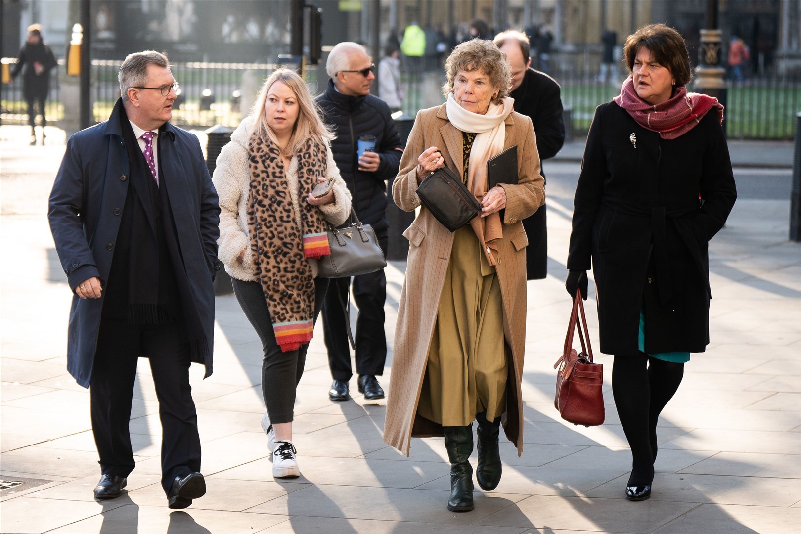 DUP leader Sir Jeffrey Donaldson, left, Ben Habib, back left, Baroness Kate Hoey, second right, and former first minister Dame Arlene Foster, right, outside the UK Supreme Court in London (Aaron Chown/PA)