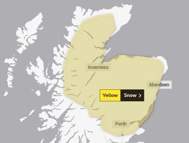 The area covered by the heavy snow and strong winds warning on Thursday. Picture: Met Office.