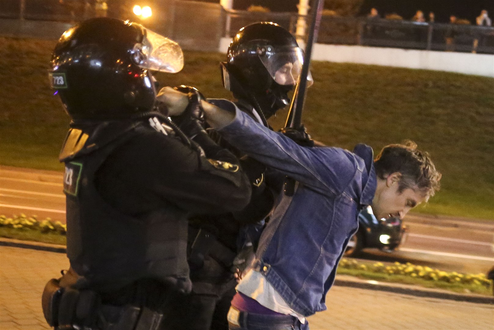 Riot police detain a protester during an opposition rally in Minsk, Belarus (TUT.by/AP)