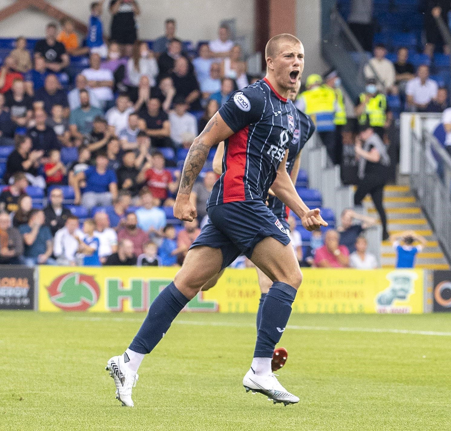 Picture - Ken Macpherson, Inverness. Ross County(2) v Rangers(4). 22.08.21. Ross County's Harry Clarke celebrates his goaL