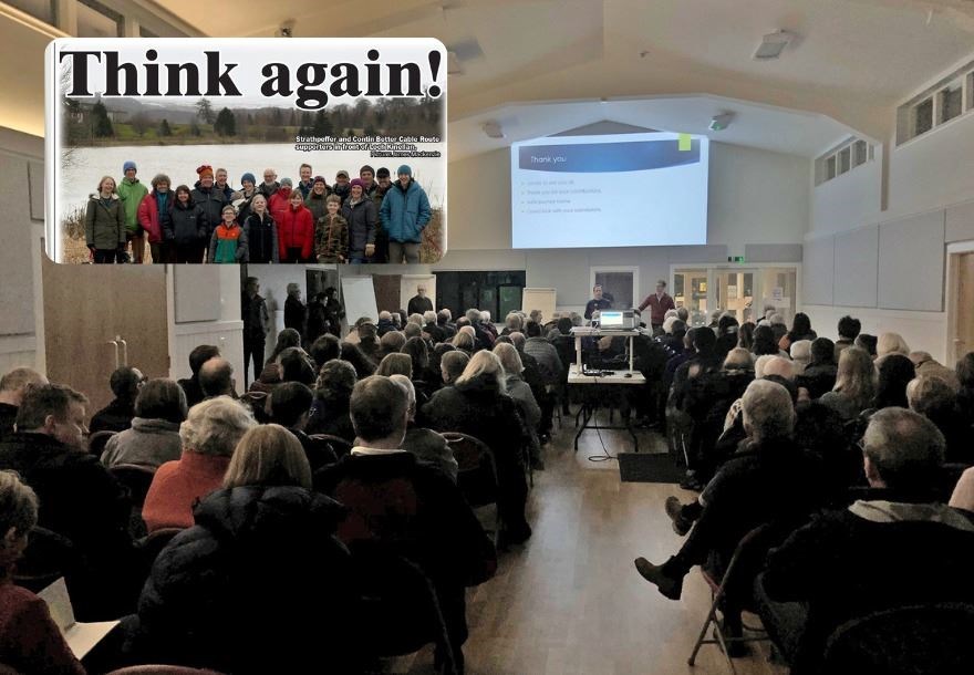 A packed meeting in Contin and (inset) how we first reported the story.