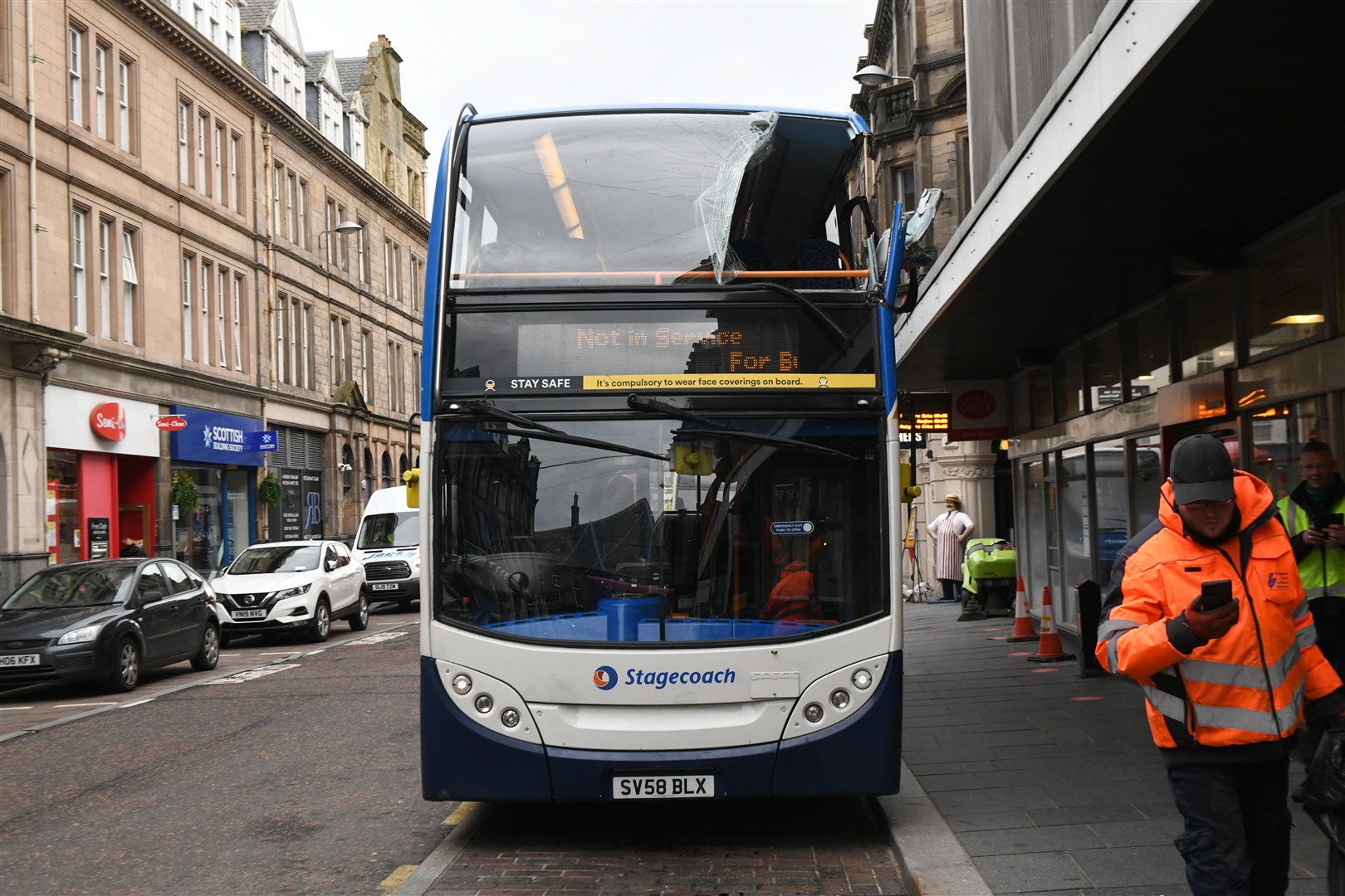 Double decker bus which hit the Post Office in Queensgate, Inverness. Picture: James Mackenzie