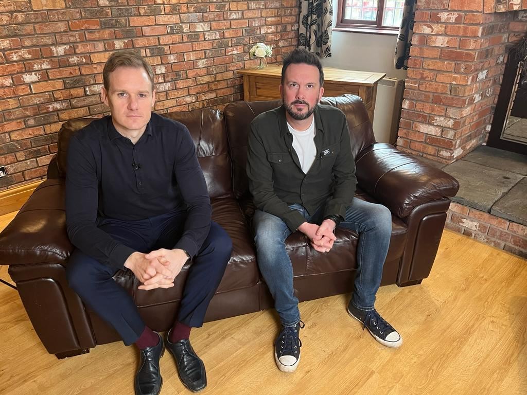 Dan Walker, left, with Paul Ansell, the partner of missing mother-of-two Nicola Bulley (‘Vanished: What Happened to Nicola Bulley?’ Channel 5 /ITN Productions/PA)