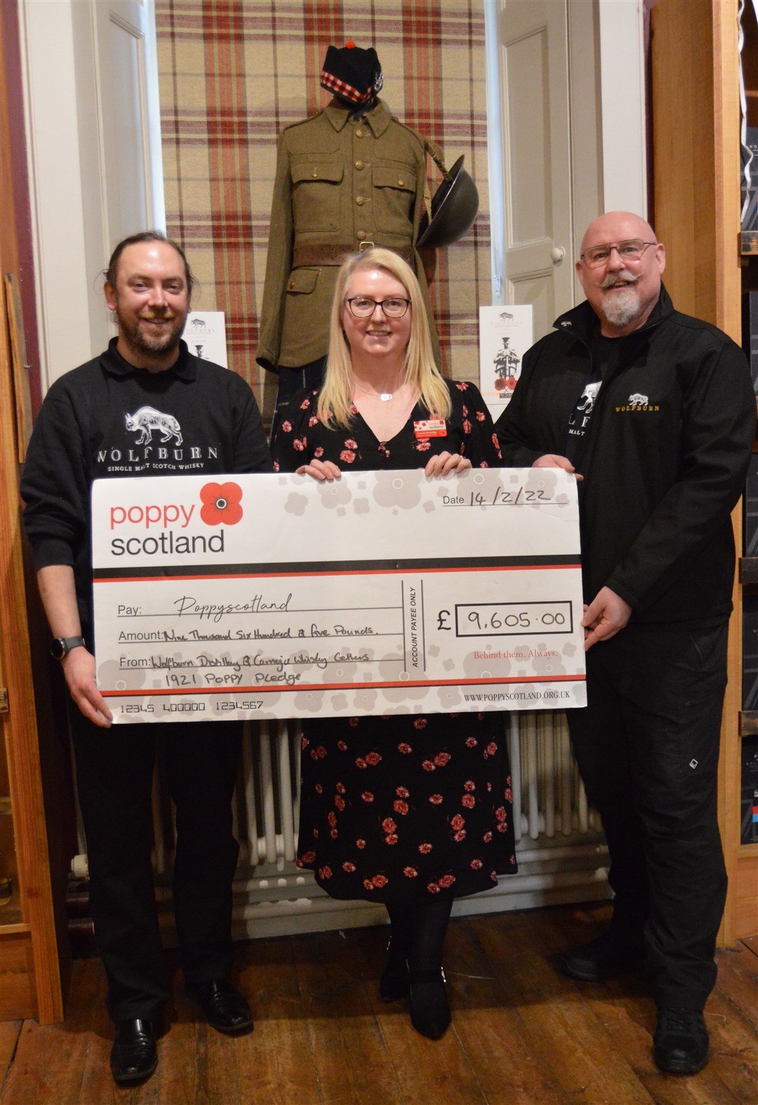 The cheque for £9605 was handed over to Frances Beveridge (centre) by Michael Hanratty (left) and Mark Westmorland.