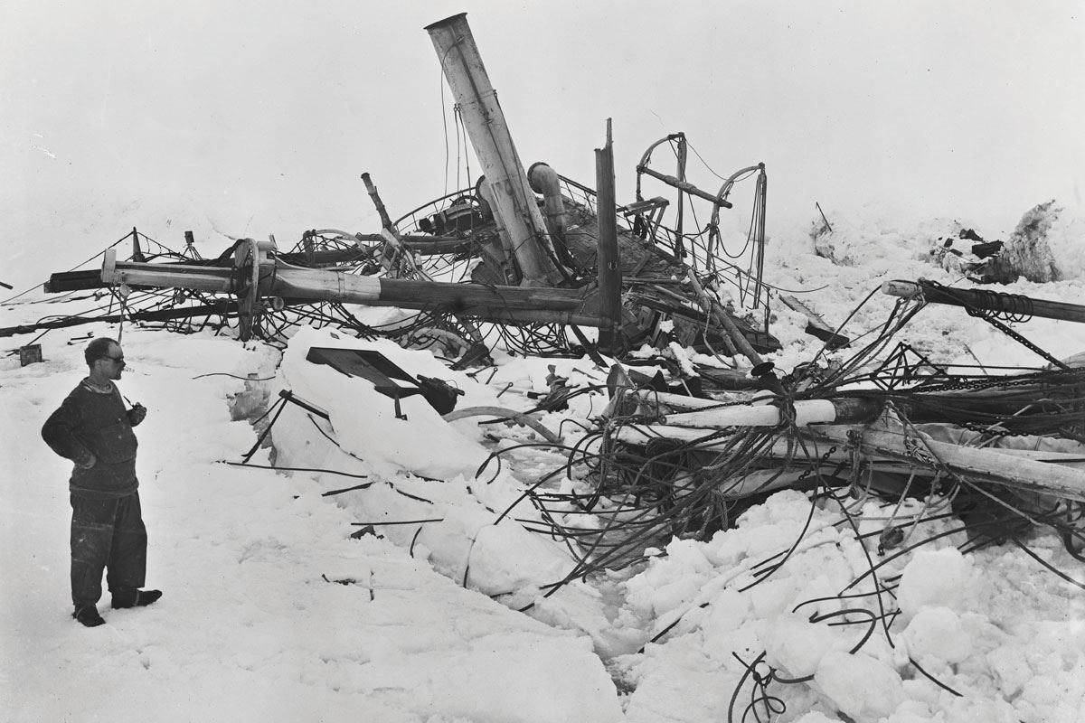 The Endurance's ruined remains on the ice after it was crushed.