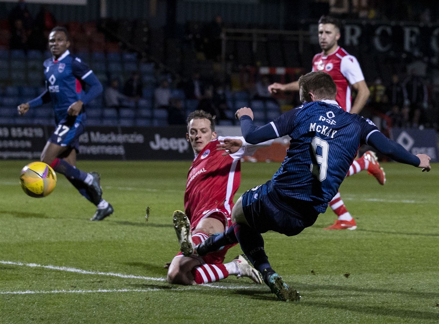 Picture - Ken Macpherson, Inverness. Betfred Cup Group stage. Ross County(3) v Stirling Albion(0). 14.11.20. Ross County's Billy McKay sees his shot beat Stirling 'keeper Cammy Binnies but go just wide of the far post.