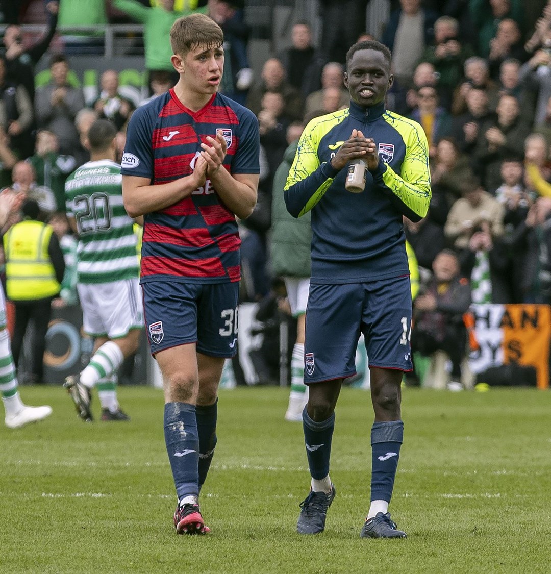 Picture - Ken Macpherson. Ross County(0) v Celtic(2). 02/04/23. Ross County's Dylan Smith and Victor Loturi applaud fans at the end.
