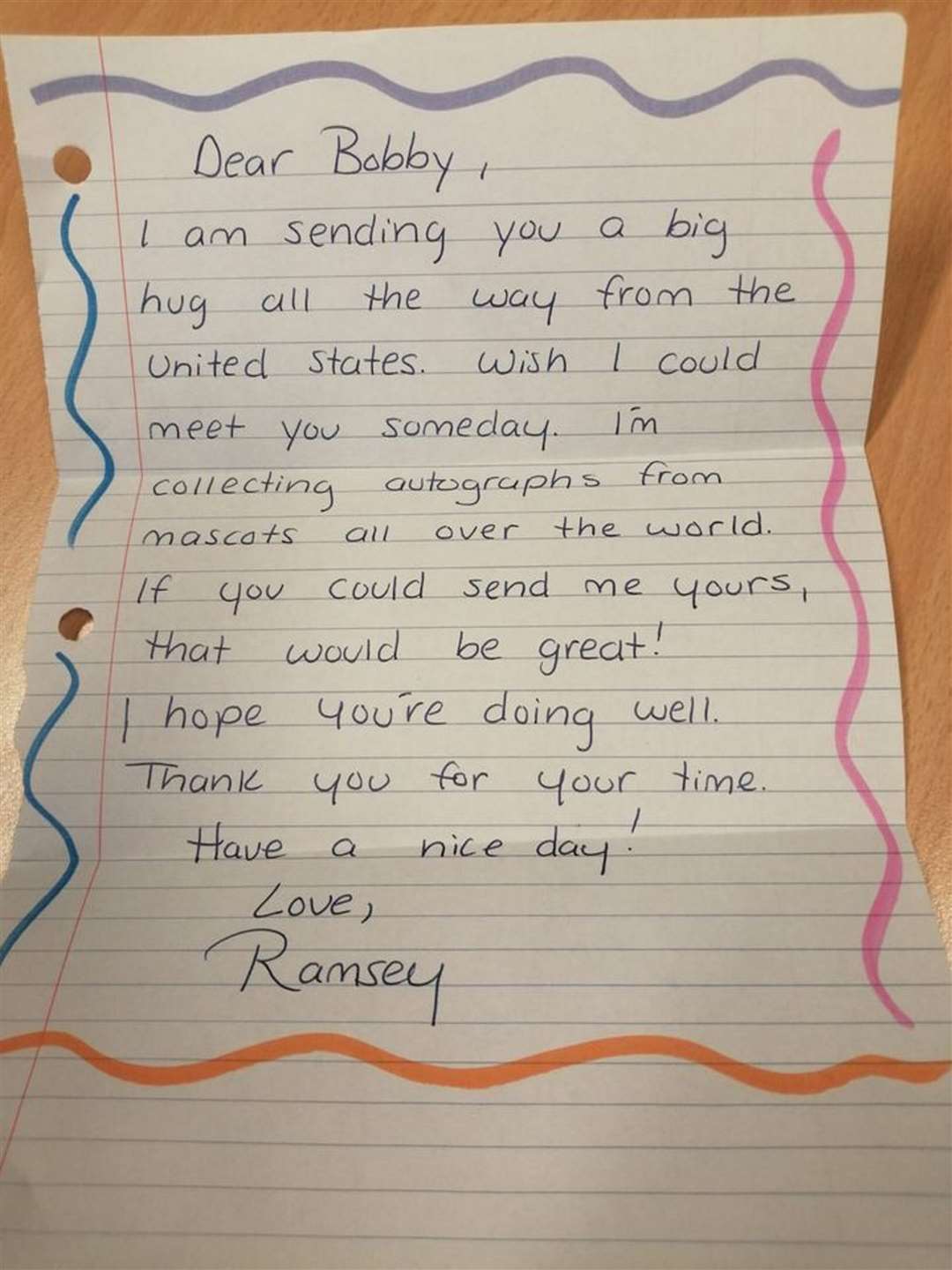 The letter from a fan in the USA.